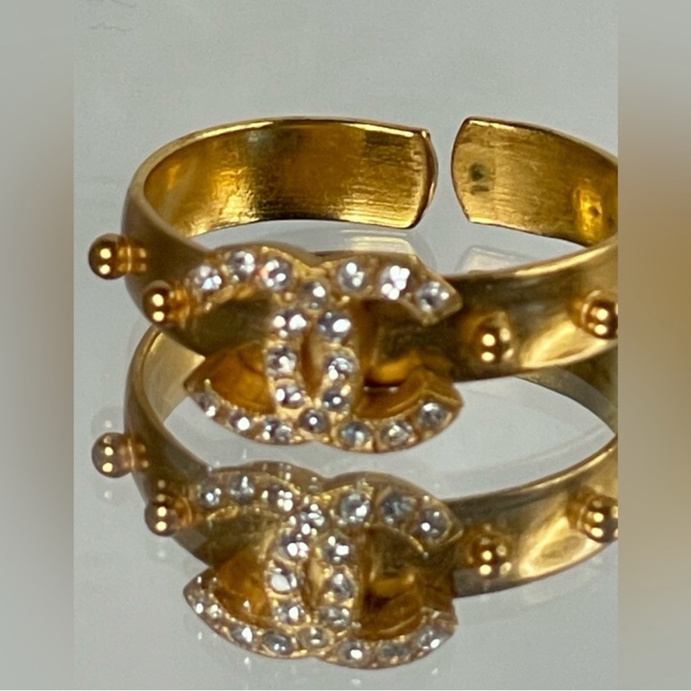 Chanel Vintage 24 Carat Plated Gold Crystal-Embellished Ring - Picture 3 of 12
